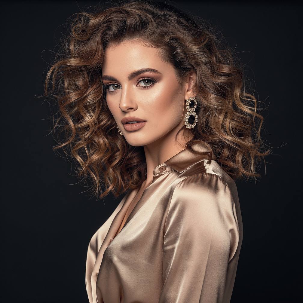 Portrait of a young woman singer with curly hair and bold styling