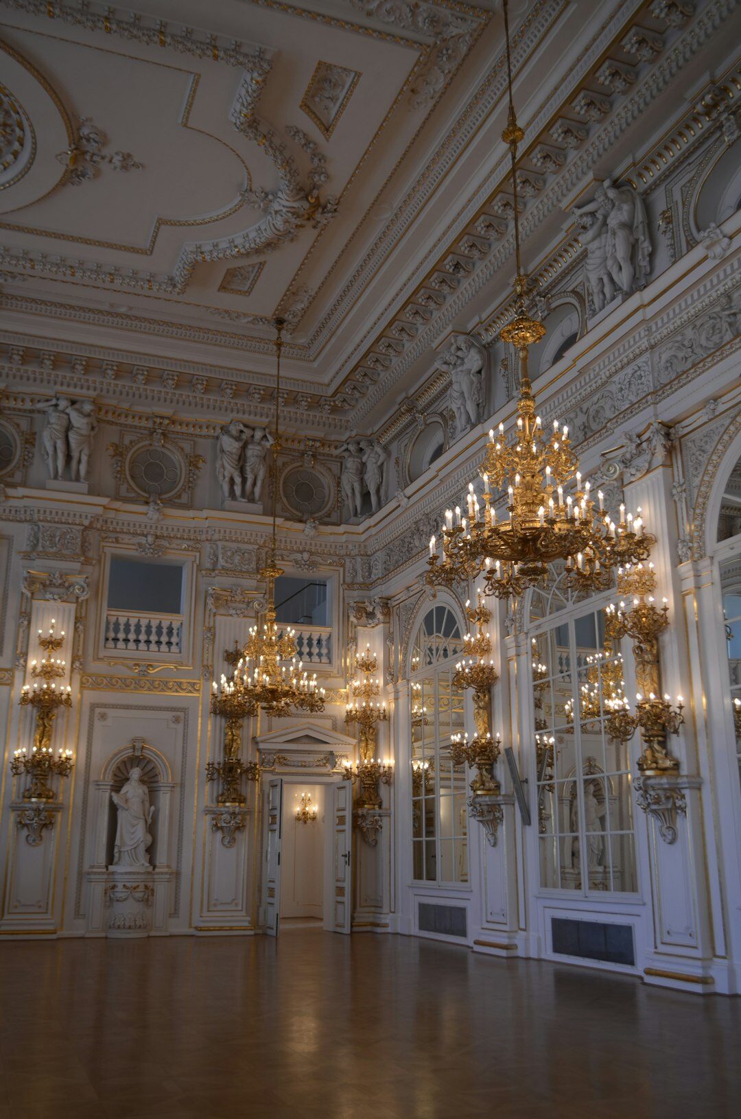 Elegant grand ballroom interior with chandeliers
