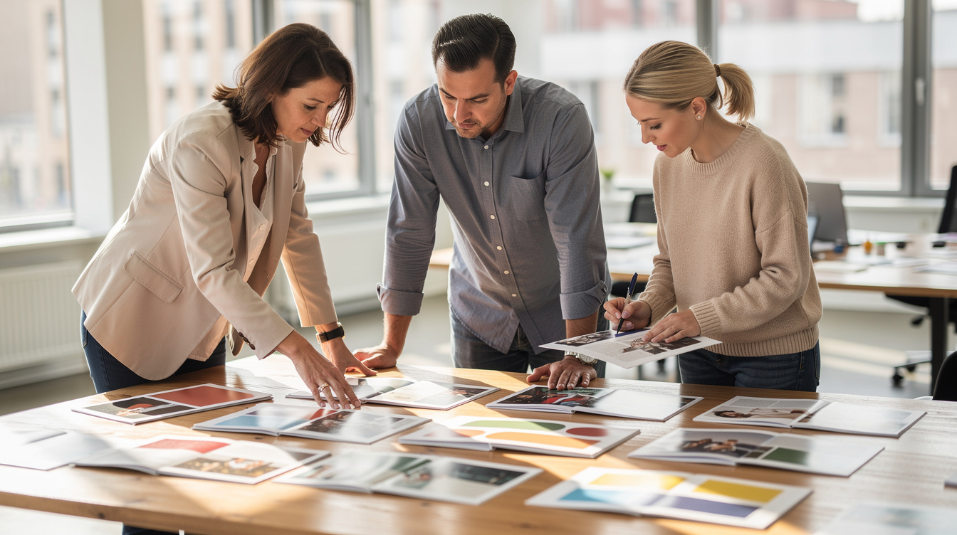 Small editorial team reviewing layouts around a table with printed pages